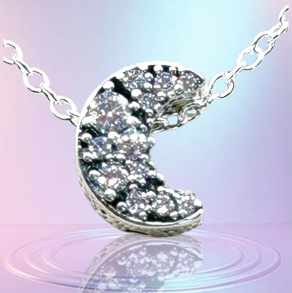NWOT Sterling silver pave crescent moon charm pendant necklace 18” - Picture 1 of 16